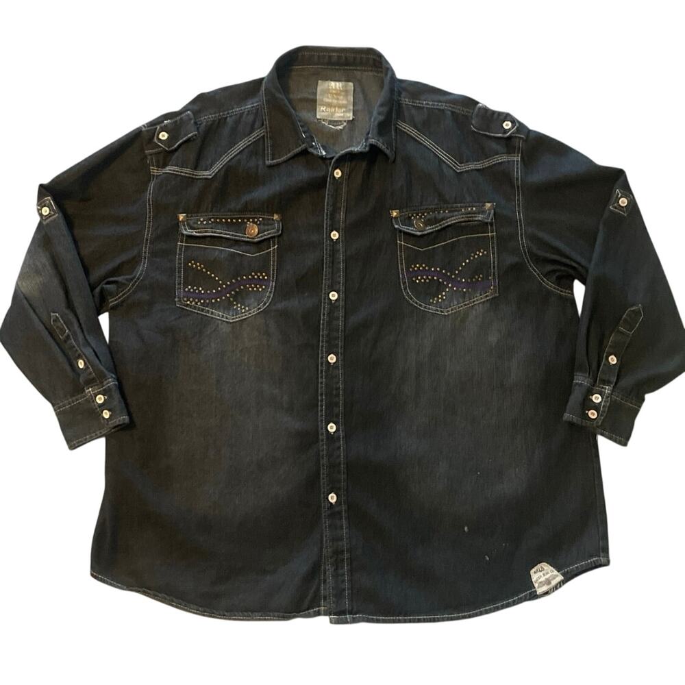Raider Jean Co AR48 Mens Infringement Black Denim LS Distressed Button Shirt 5X